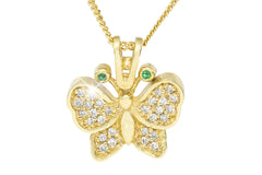 Diamond and Emerald Butterfly 18K Yellow Gold Pendant