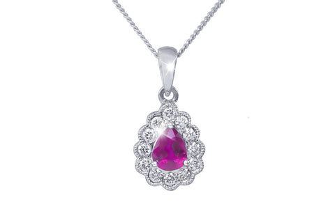 Pear Shaped Ruby and Diamond 18K White Gold Pendant