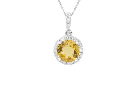 Citrine and Diamond Halo 18K White Gold Pendant