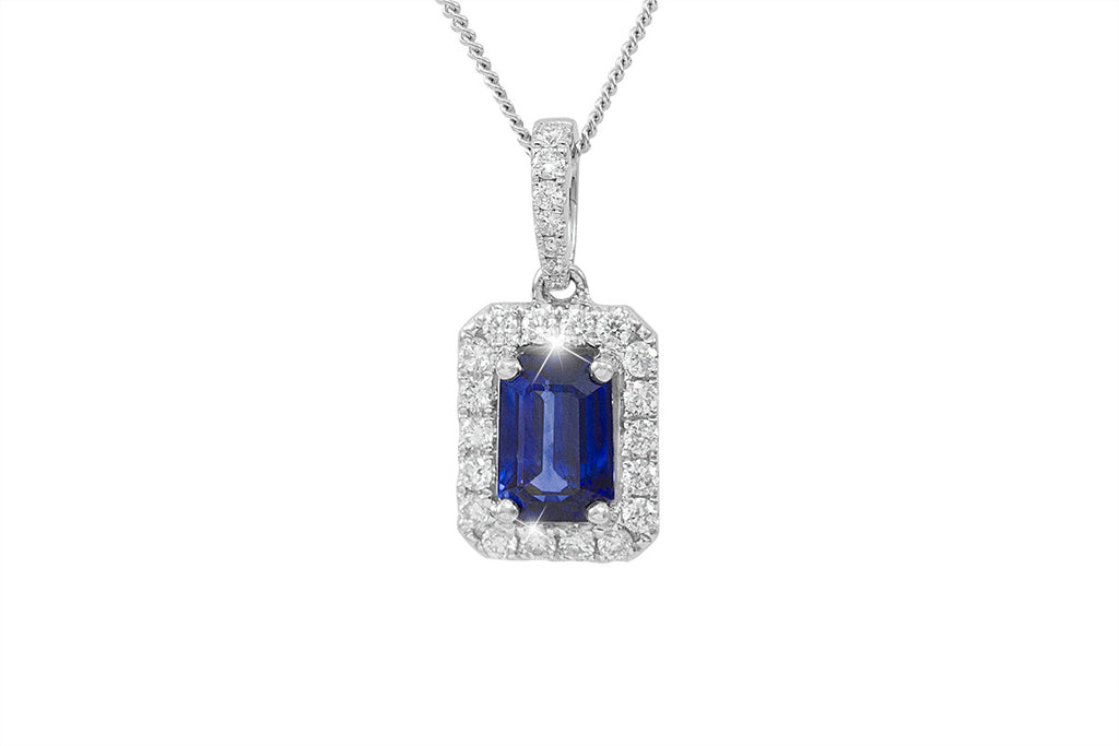 Emerald Cut Blue Sapphire and Diamond 18K White Gold Pendant