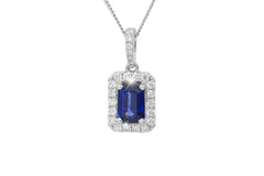Emerald Cut Blue Sapphire and Diamond 18K White Gold Pendant