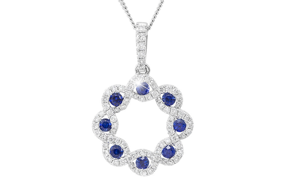 Blue Sapphire and Diamond Fancy 18K White Gold Pendant