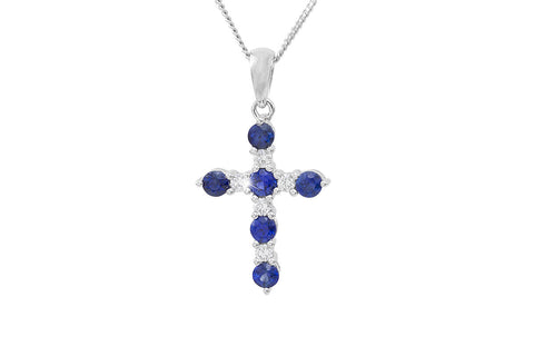 Blue Sapphire and Diamond Cross 18K White Gold Pendant