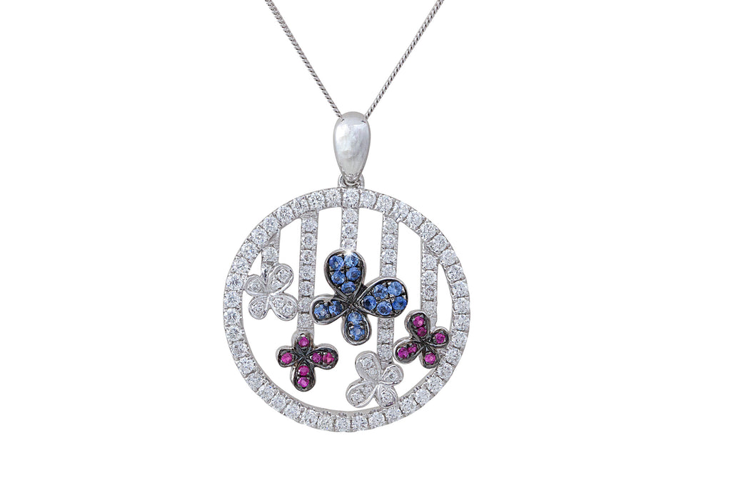 Butterfly Diamond & Sapphire & Ruby 18K White Gold Pendant