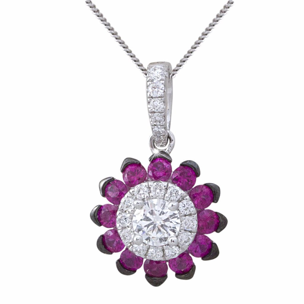 Flower Shaped Diamond & Ruby 18K White Gold Pendant