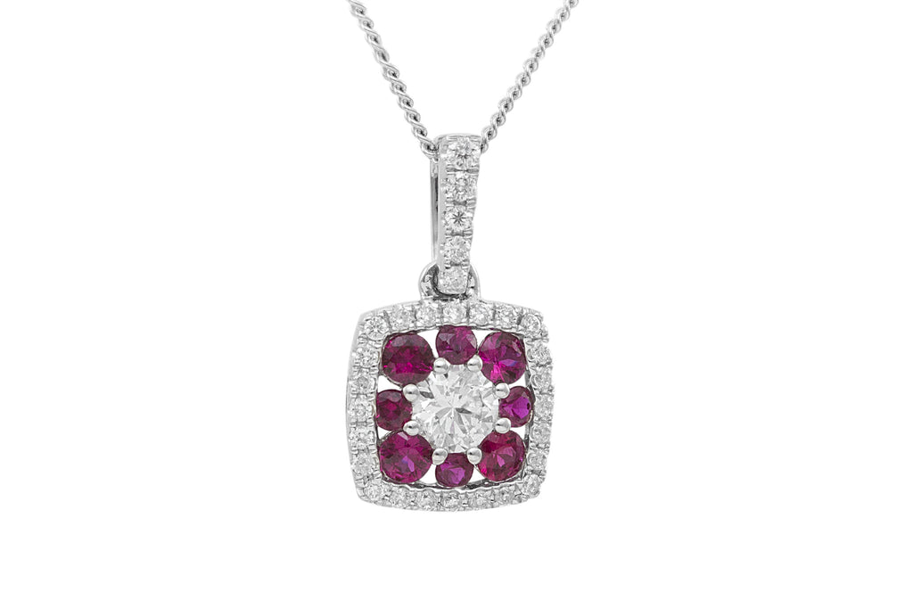 Ruby and Diamond Square Shaped 18K White Gold Pendant
