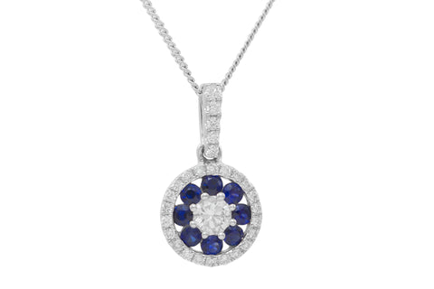 Blue Sapphire and Diamond Halo 18K White Gold Pendant