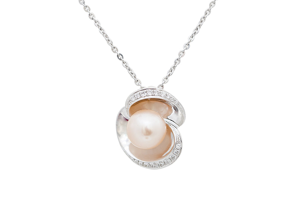 Pink Pearl and Diamond 18K White Gold Pendant