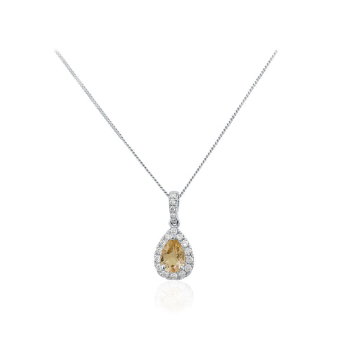 Pear Cut Peach Sapphire and Diamond Halo 18K White Gold Necklace