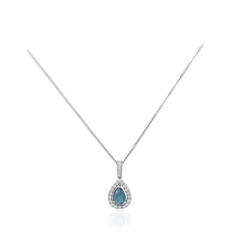 Pear Cut Aquamarine and Diamond Halo 18K White Gold Pendant