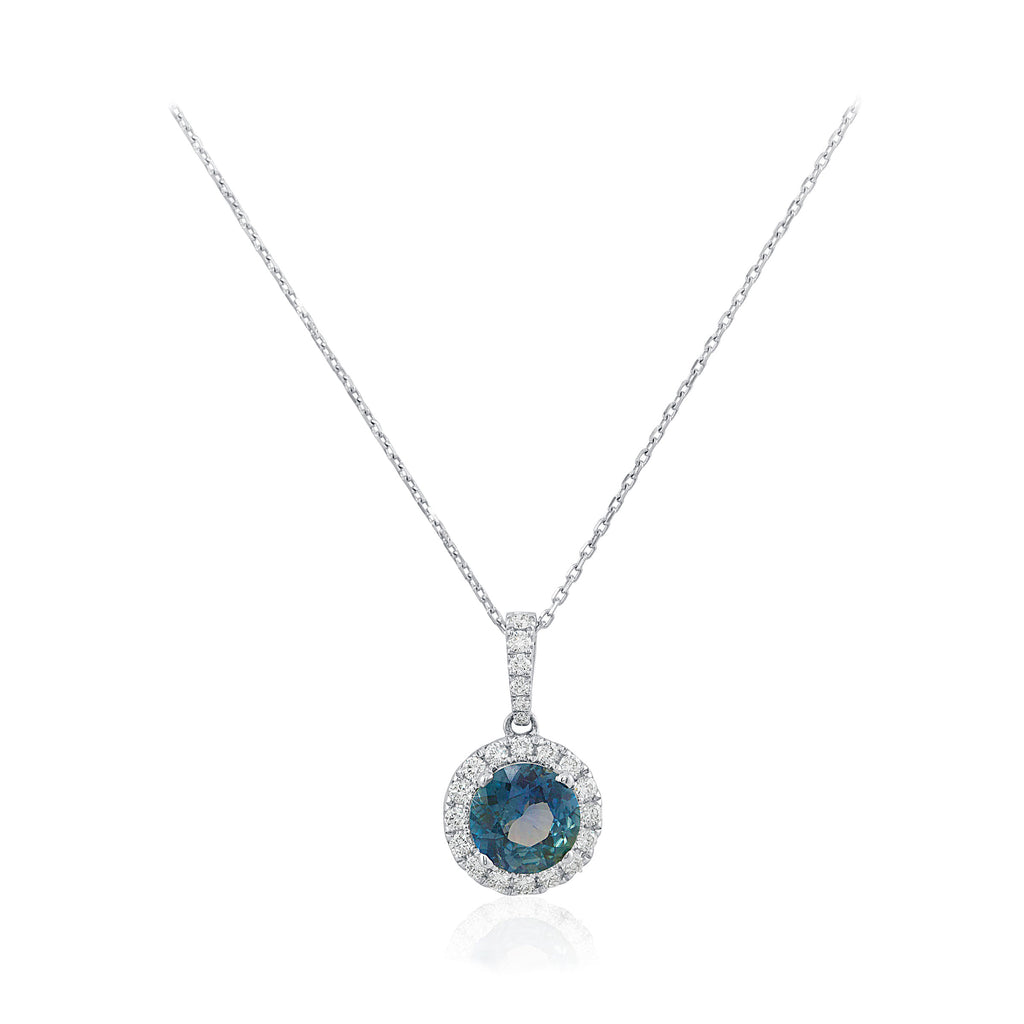 Teal Blue Round Cut Sapphire and Diamond Halo  18K White Gold Pendant