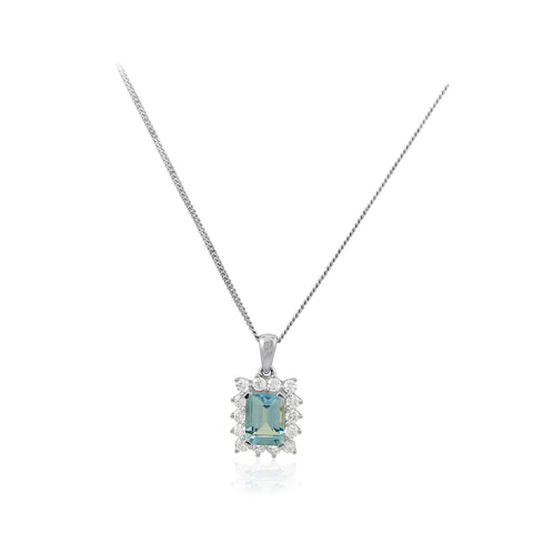 Diamond and Rectangular Aquamarine Halo 18K White Gold Pendant