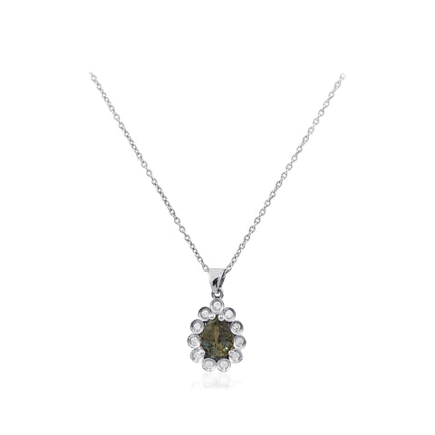 Diamond and Pear Cut Green Sapphire Halo 18K White Gold Pendant