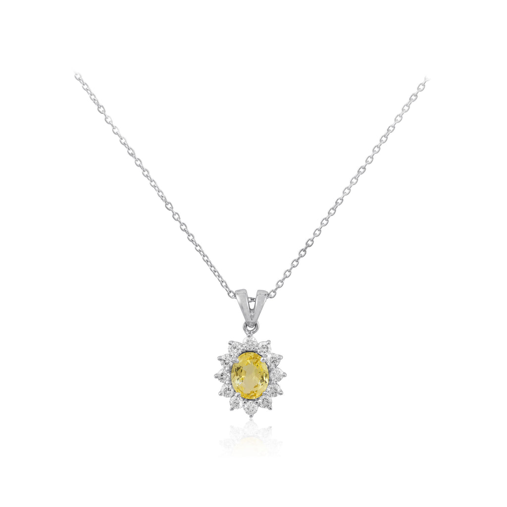 Diamond and Oval Cut Yellow Sapphire Halo 18K White Gold Pendant