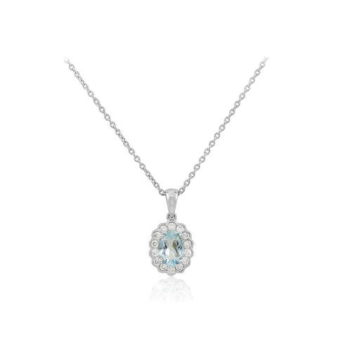 Diamond and Oval Cut Aquamarine Halo 18K White Gold Pendant