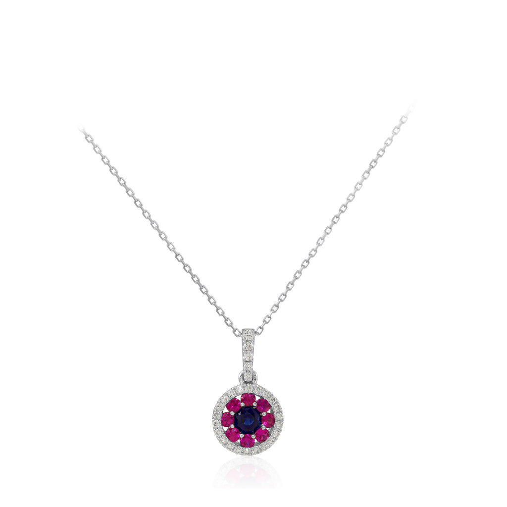 Multi Colour Blue and Pink Sapphire and Round Diamond 18K White Gold Pendant