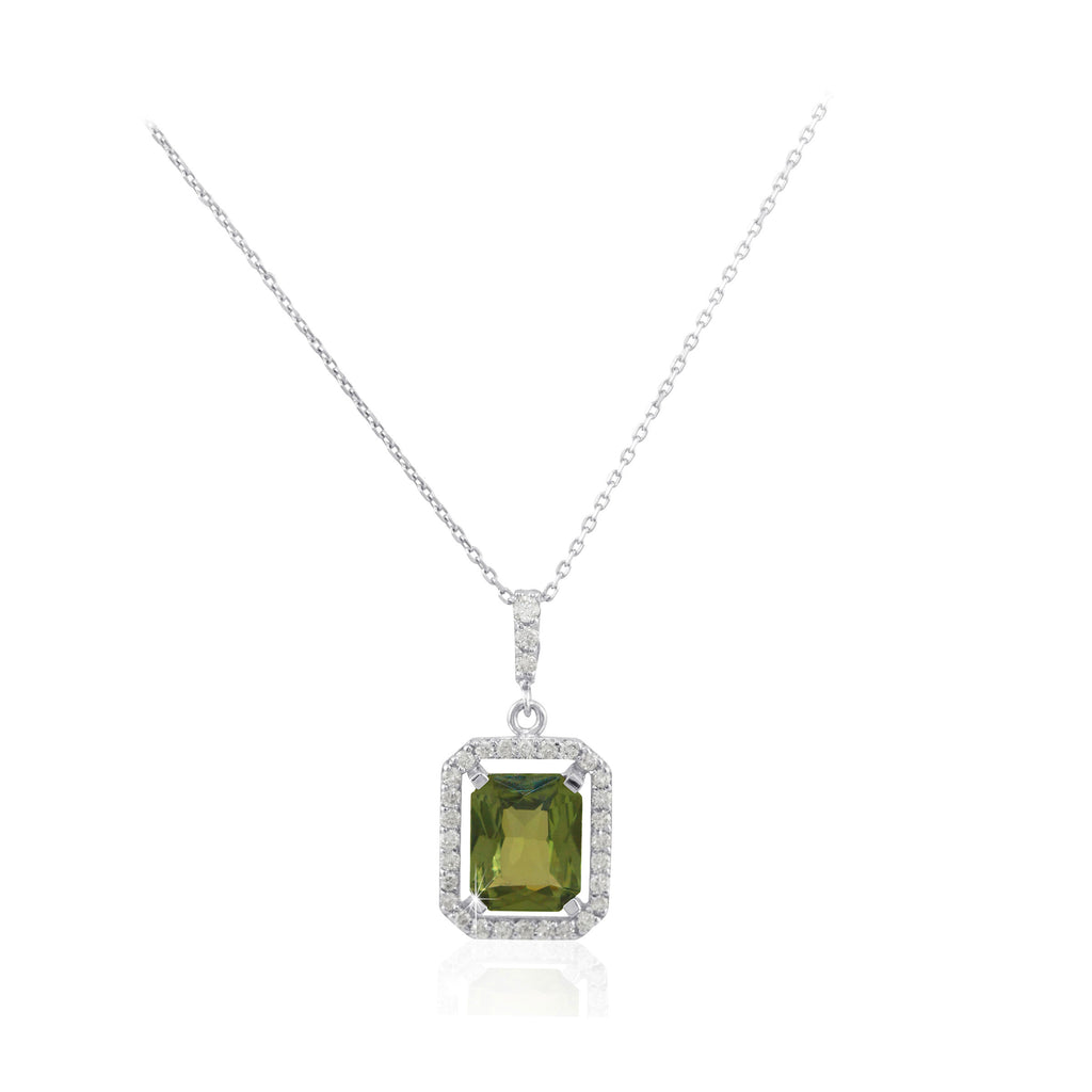 Diamond and Rectangular Green Sapphire Halo 18K White Gold Pendant