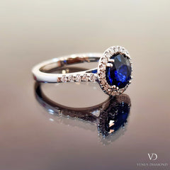 18k White Gold Diamond and Sapphire Halo Ring