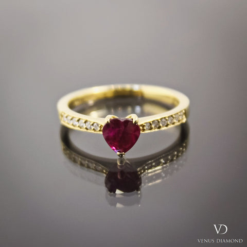 18k Yellow Gold Diamond & Heart Shaped Ruby Ring