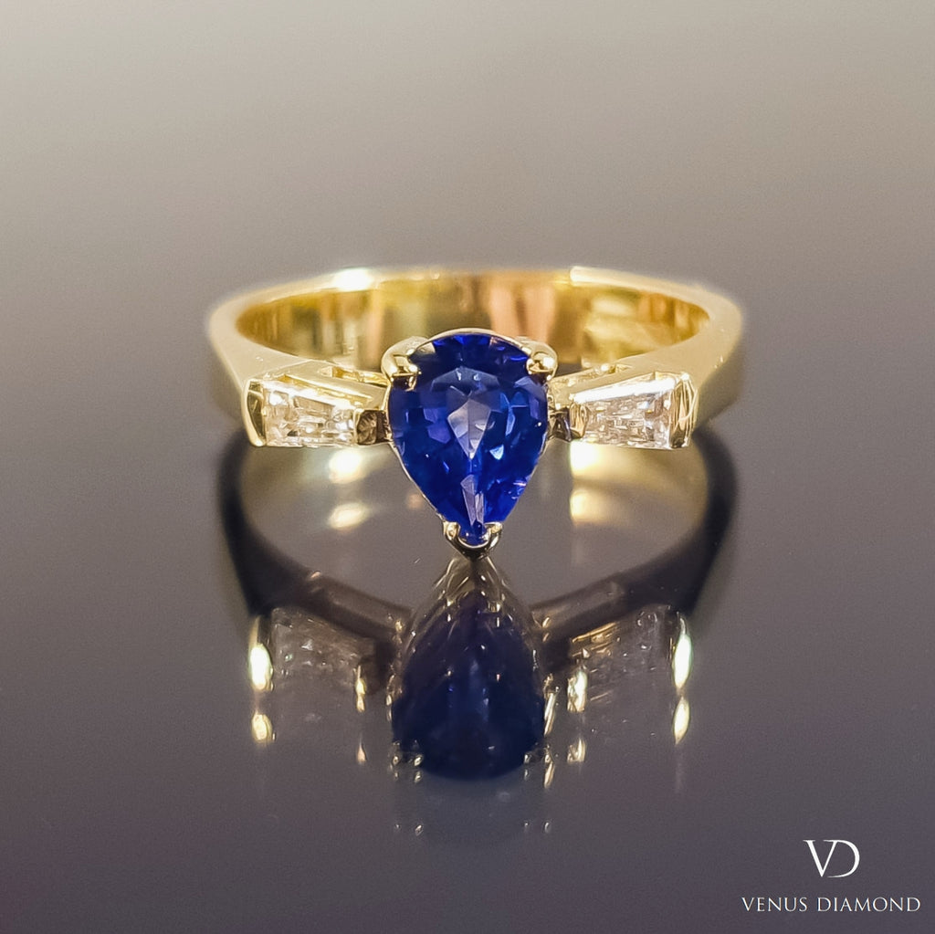 18k Yellow Gold Diamond and Pear Shape Sapphire Trilogy Ring