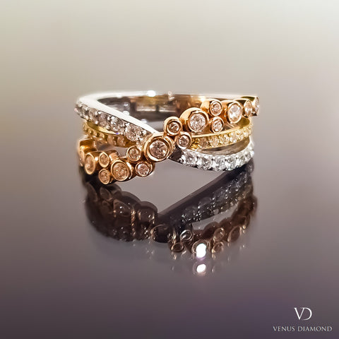 18k Three Colour Gold Diamond Ring with Cross-Over Design