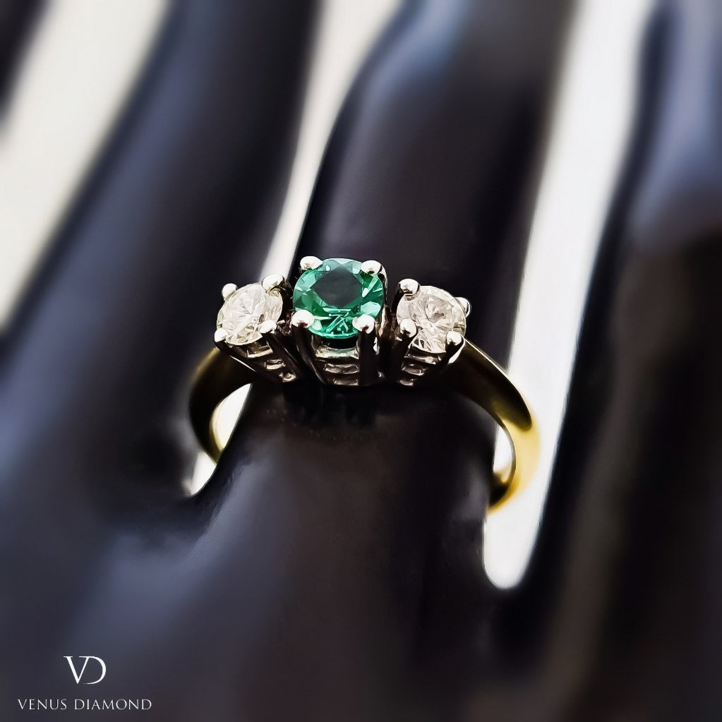 18k White and Yellow Gold Diamond & Emerald Trilogy Ring