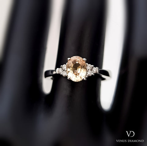 18k White Gold Peach Sapphire and Diamond Ring