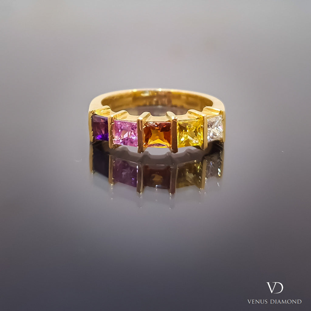 18k Yellow Gold Rainbow Ring with Diamond, Sapphires and Amethyst