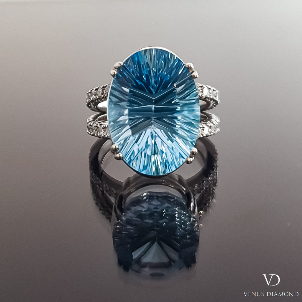 18k White Gold Diamond & Blue Topaz Ring