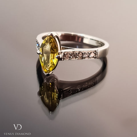18k White Gold Marquise Cut Yellow Sapphire and Diamond Ring