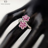 18k White Gold Double Daisy Flower Diamond and Pink Sapphire Ring