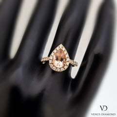 18k Rose Gold Halo Pear Shape Morganite Ring with Diamond Shank