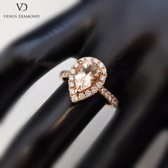 18k Rose Gold Halo Pear Shape Morganite Ring with Diamond Shank