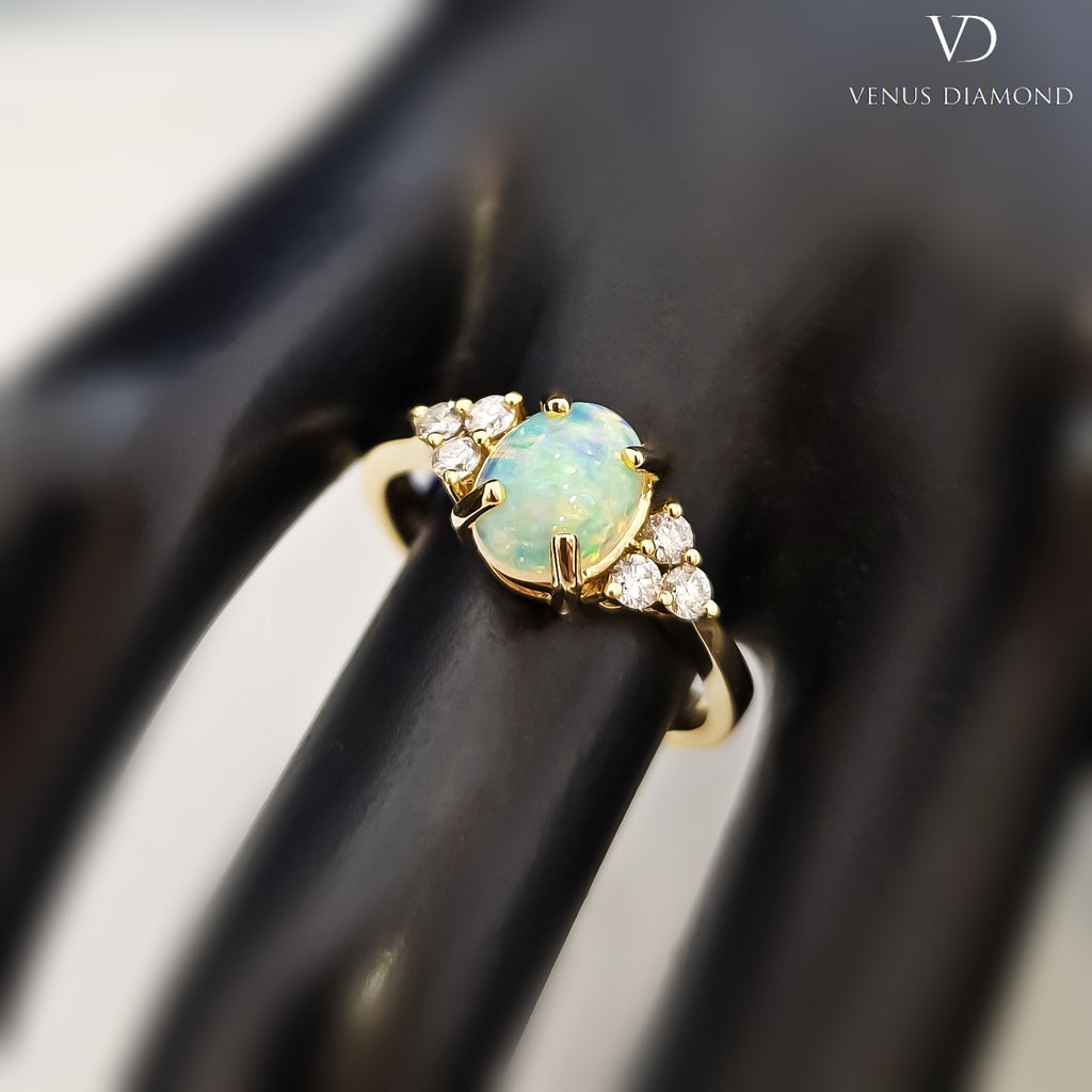 18k Yellow Gold Diamond and Opal Ring