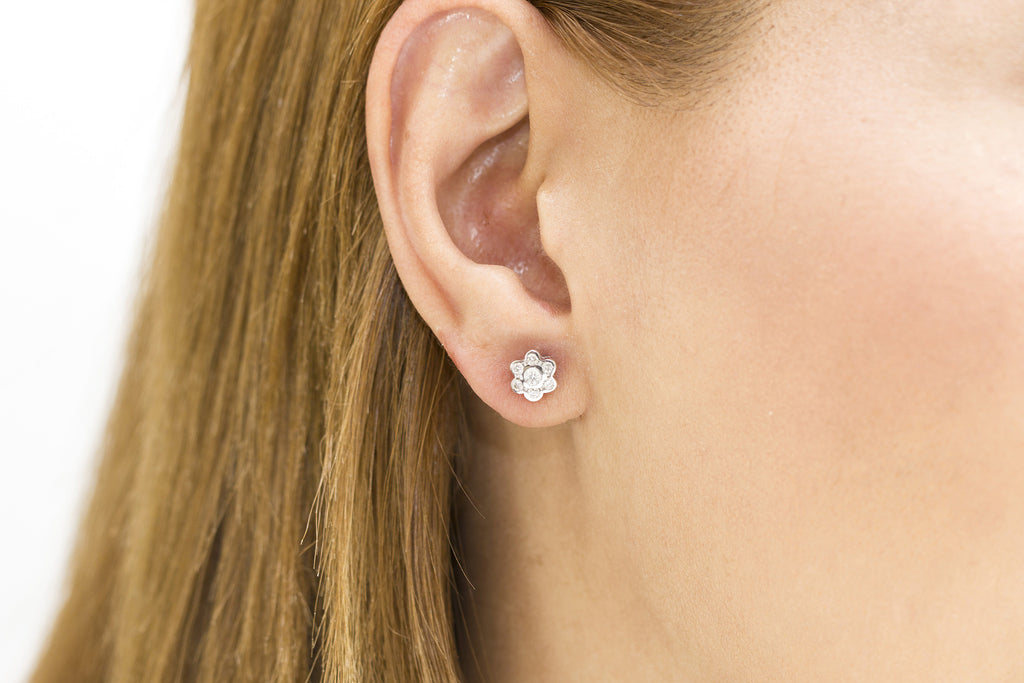 Rub Over Diamond Cluster 18K White Gold Stud Earrings