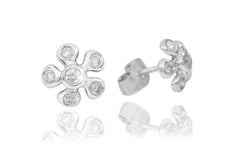 Rub Over Flower Shaped Diamond 18K White Gold Stud Earrings