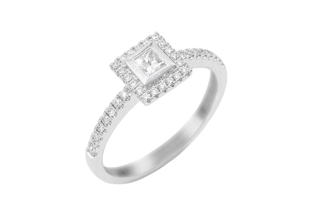 Rub Over Princess Cut Halo Diamond 18K White Gold Ring - OUT OF STOCK