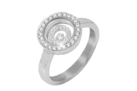 Two Row Circular Glass Faced Diamond 18K White Gold Ring