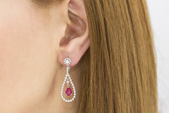 Pear Shaped Ruby and Diamond 18K White Gold Dangly Earrings