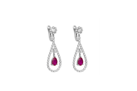 Pear Shaped Ruby and Diamond 18K White Gold Dangly Earrings