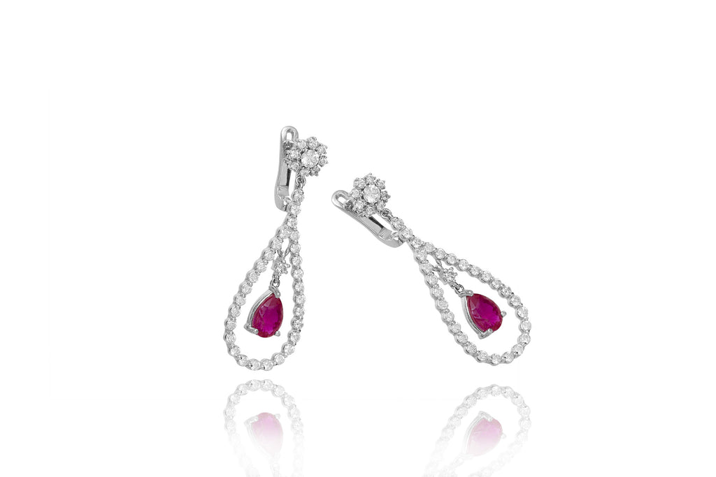 Pear Shaped Ruby and Diamond 18K White Gold Dangly Earrings