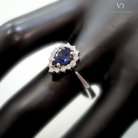 18k White Gold Diamond and Pear Cut  Sapphire Cluster Ring